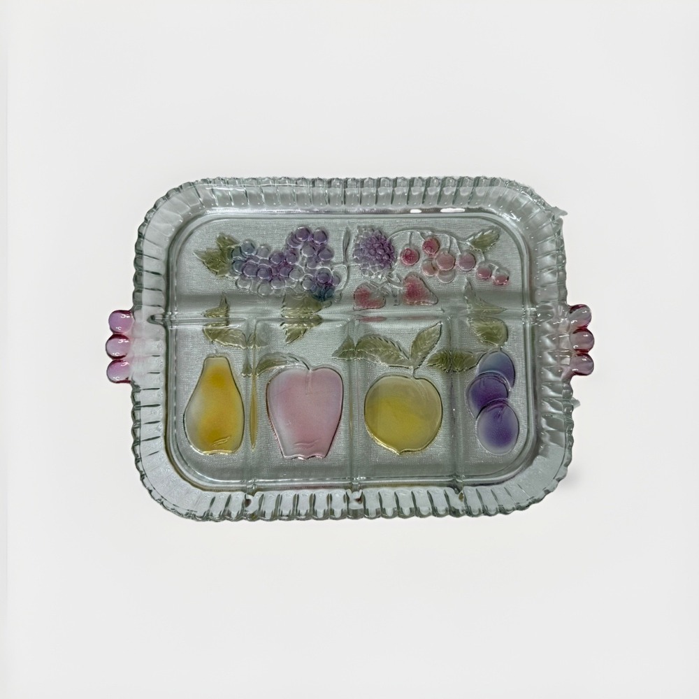 Vintage Indiana‎ Glass Clear Fruit Pattern Divided Relish Tray 12.5"x9"x1.5"